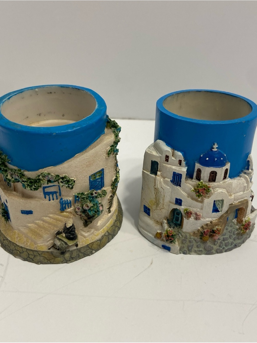 Vintage Handmade Grecian Taper Candle Holders Set 2 Greek Villa Blue And White
